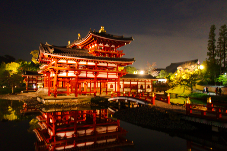 North Wing of the Phoenix Hall at Byōdō-in Temple illuminated at night