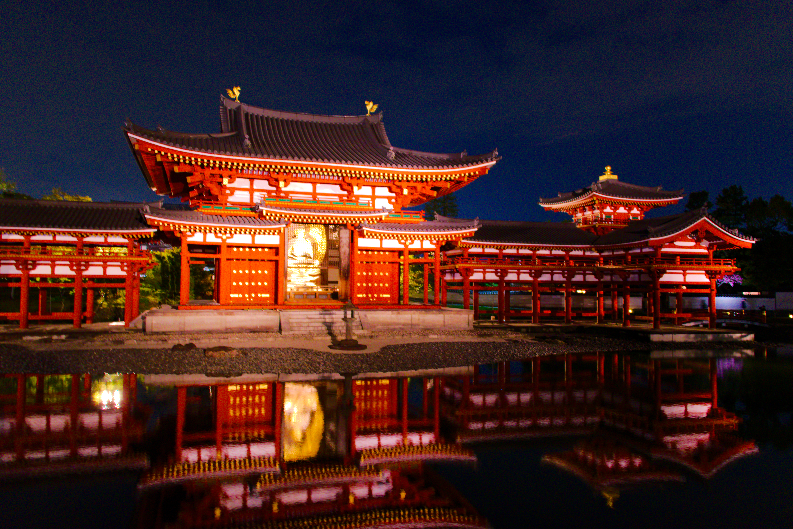 Amitaba Buddha in the Phoenix Hall of Byōdō-in Temple illuminated at Night